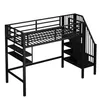 A black metal loft bed with stairs and shelves, shown from a slightly elevated side angle against a white background. Produktbild-Vorschau