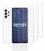 A white smartphone is shown next to three transparent screen protectors. The screen protectors are layered on top of each other, with the front of the phone visible in the background. Produktbild-Vorschau