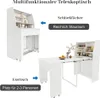 A split image showing a white multifunctional telescopic table in its closed and extended states, with labels indicating features. Produktbild-Vorschau