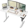 A white adjustable standing desk with a laptop, two monitors, a keyboard, and a mouse. Produktbild-Vorschau
