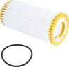A white oil filter with yellow accents and a black O-ring are shown on a white background. Produktbild-Vorschau