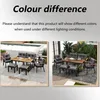 Two images of a patio furniture set, one by a pool and one in a garden setting, with text about color differences. Produktbild-Vorschau