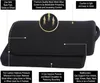 A black footrest cushion with informational text overlays. Produktbild-Vorschau