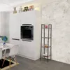 A modern kitchen with white cabinets, an oven, a dining table and chairs, and a tall shelving unit. Produktbild-Vorschau