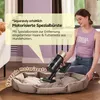 A woman is vacuuming a dog bed with a cordless vacuum cleaner. Text overlays provide product information. Produktbild-Vorschau