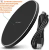 A black wireless charging pad with a silver rim and a black USB cable is shown on a white background. Text in German describes its features. Produktbild-Vorschau