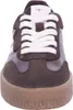 A close-up front view of a brown and white sneaker. Produktbild-Vorschau