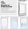 Instructions for selecting the correct size for a window blind, with examples of the blind installed on windows. Produktbild-Vorschau