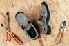 A pair of gray safety sandals and tools are arranged on a wooden surface. Produktbild-Vorschau