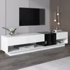 A modern living room setup featuring a wall-mounted TV and a sleek white and black TV stand. Produktbild-Vorschau
