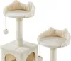 Two beige cat trees are shown against a white background. The larger cat tree on the left has a base, a tall scratching post, and a platform with a dangling toy. A smaller, similar platform is visible on the right. Podgląd zdjęcia produktu