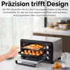 A mini oven is shown on a kitchen counter with a pizza and pastries inside. A hand is reaching towards the oven. Produktbild-Vorschau