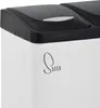 A close-up view of the top part of a white trash can with a black lid. Produktbild-Vorschau