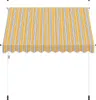 A retractable awning with yellow, gray, and blue stripes, supported by white poles. Náhled obrázku produktu