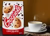 A package of chocolate cookies next to a steaming cup of coffee. Produktbild-Vorschau