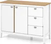 A white and wood sideboard with two doors and three drawers, shown from the front. Podgląd zdjęcia produktu