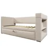 A beige upholstered daybed with a slatted mattress base and built-in storage. The daybed has armrests that also function as shelving units. Anteprima dell’immagine prodotto