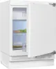 A white under-counter refrigerator with its door slightly ajar, revealing food items inside. Produktbild-Vorschau