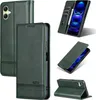 A collage of images showing a green leather phone case from different angles, including its open and closed states, and a close-up of its texture. Produktbild-Vorschau