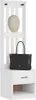 A white wooden coat rack with a hat and a black handbag. Podgląd zdjęcia produktu
