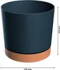 A dark blue cylindrical pot with a brown base sits on a white background. Dimensions are indicated by arrows and text. Náhled obrázku produktu