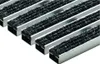 A close-up, angled view of a section of an entrance mat, showing multiple parallel strips of aluminum with black carpet-like material inserted. Produktbild-Vorschau