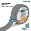 A roll of gray tape is shown, with text indicating available lengths and dimensions. A diagram shows the tape's profile. Produktbild-Vorschau