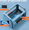 Diagram showing the air circulation system of an inflatable spray booth with labels for filter components. Voir les images du produit