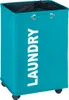 A teal laundry basket with the word "LAUNDRY" printed vertically in white on the front. It has a drawstring mesh top and four small wheels at the base. Produktbild-Vorschau