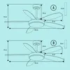 Diagrams illustrating the dimensions and features of two different ceiling fan models (A and B). Náhled obrázku produktu
