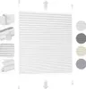 A white pleated blind with various color swatches shown on the right side and close-up details on the left side. Produktbild-Vorschau