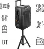 A portable speaker on a tripod stand, with icons indicating features like Bluetooth, battery, microphone, and radio. Produktbild-Vorschau