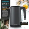 Collage of a modern electric kettle with product features listed and a lifestyle image of a person enjoying a warm beverage. Produktbild-Vorschau