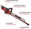 A red and black cordless hedge trimmer with various features highlighted by text labels and lines. Produktbild-Vorschau