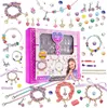 A collage of a jewelry making kit for children, showing various beads, charms, and finished bracelets and necklaces, along with the product packaging and a model. Podgląd zdjęcia produktu