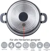 The bottom of a black pot with a silver, textured base is shown, with icons and text indicating its compatibility with various stovetops. Produktbild-Vorschau