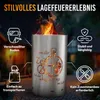A metal fire pit with decorative cutouts and flames is shown outdoors at night, with surrounding text and icons highlighting its features. Produktbild-Vorschau