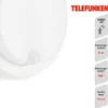 A close-up of a white outdoor lamp with a motion sensor, alongside marketing text and icons detailing its features. Produktbild-Vorschau