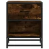 A front view of a wooden nightstand with a black metal frame. Podgląd zdjęcia produktu