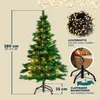 A diagram showing a Christmas tree with dimensions and accessories, including a string of lights and a stand. Produktbild-Vorschau