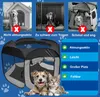 Collage of images showing a dog in a kennel, a dog in a cage, a dog in a carrier, and a pop-up playpen with a dog and cat. Produktbild-Vorschau