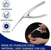 A stainless steel shrimp peeling tool is shown with descriptive icons and text. Produktbild-Vorschau