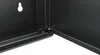 A close-up view of the corner of a black metal cabinet, showing the hinge mechanism and a mounting hole. Produktbild-Vorschau
