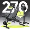 A black adjustable weight bench with a barbell and weight plates, set against a dark background with large white numbers indicating weight capacity. Náhľad obrázku produktu