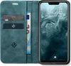 A teal flip-case wallet for a smartphone, open to reveal the phone screen and card slots. Produktbild-Vorschau
