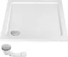 A white square shower tray with a silver drain cover and a separate silver and white drain assembly. Podgląd zdjęcia produktu