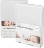 Two white baby crib sheets are shown in packaging with a baby's face visible on the front. Produktbild-Vorschau