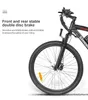 Close-up of the front wheel and handlebars of an electric bicycle, with text describing its braking system. Produktbild-Vorschau