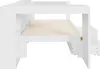A white loft bed with a desk and shelves, viewed from the side. Voir les images du produit