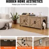 A cat furniture cabinet is shown in a living room setting, with close-up shots of its features. Produktbild-Vorschau
